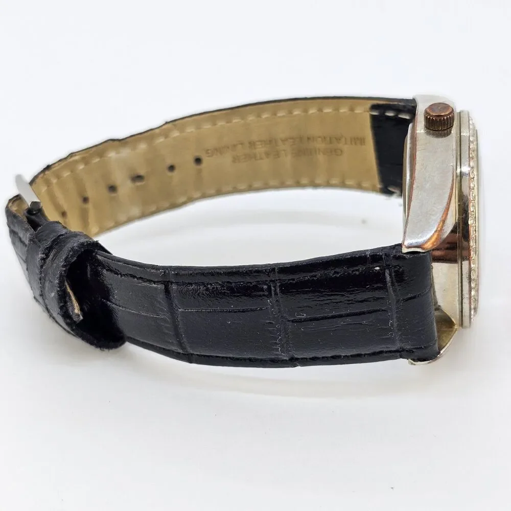 36MM Women's Watch Red Dial Crystal Bezel Black Leather Bands‎ New Battery